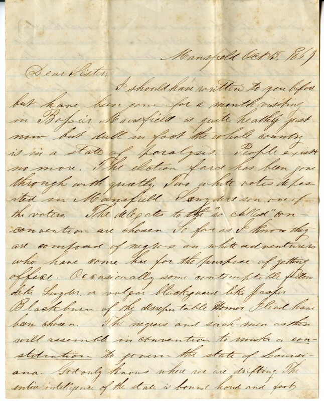 Letter,  Mollie Thatcher, Moss Hill, La., to Mrs. J. D. Wemple